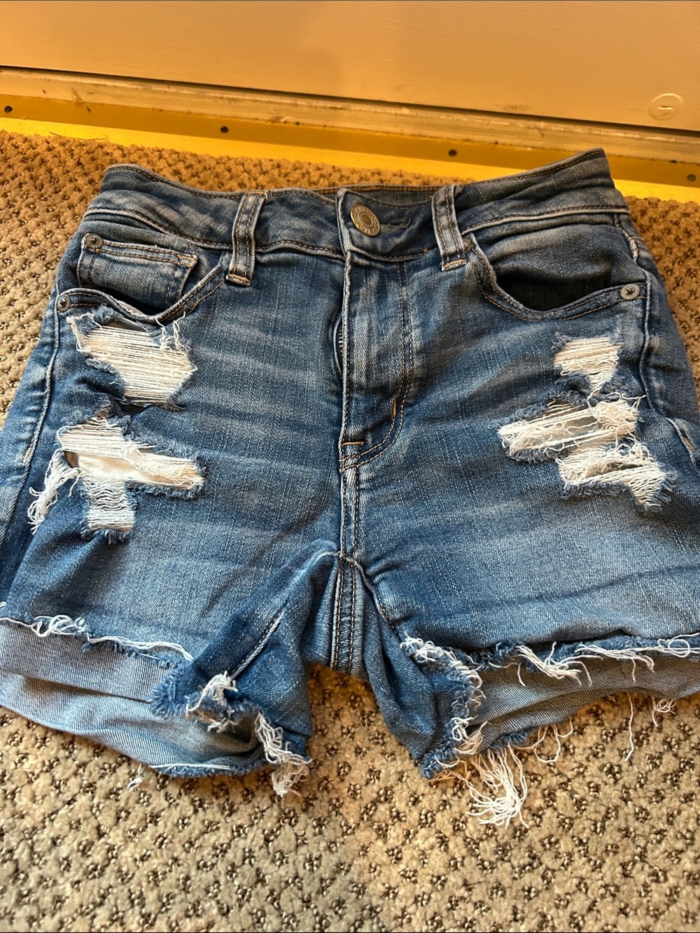 American Eagle Distressed High-Waist Denim Shorts - Blue